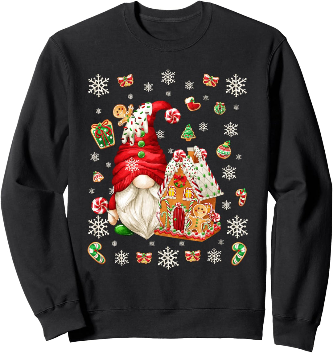 Cute Santa Gnomie With Gingerbread House &amp; Snowflake Pattern Sweatshirt