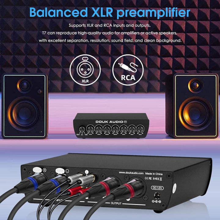 Douk Audio T7 7-Band Equalizer, Ausgewogener XLR/RCA Vorverstärker für Heimverstärker