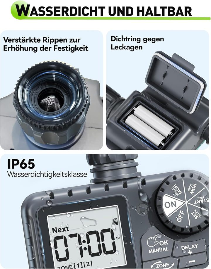 RAINPOINT Bewässerungscomputer 2 Ausgänge, IP65 Wasserdicht Wasser Zeitschaltuhr mit Regenverzögerun
