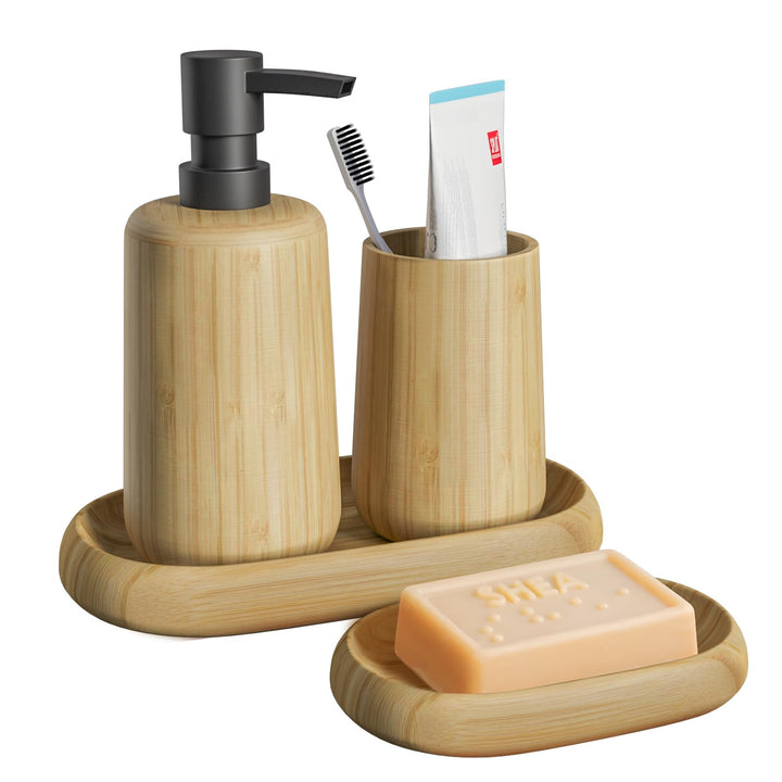 Retro Bambus Badaccessoires Set, 4-teilig, Seifenschale, Seifenspender, Tablett, Mundspülbecher für