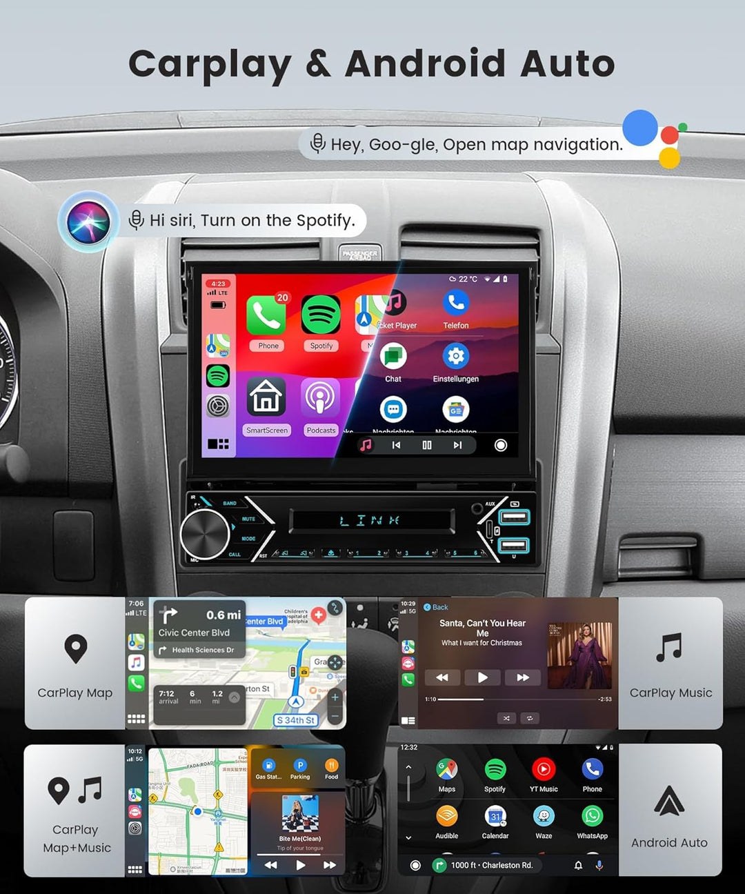 1 DIN DAB+ Autoradio mit 7" automatisch ausfahrbarem Bildschirm, Podofo Wireless CarPlay &amp; Android A