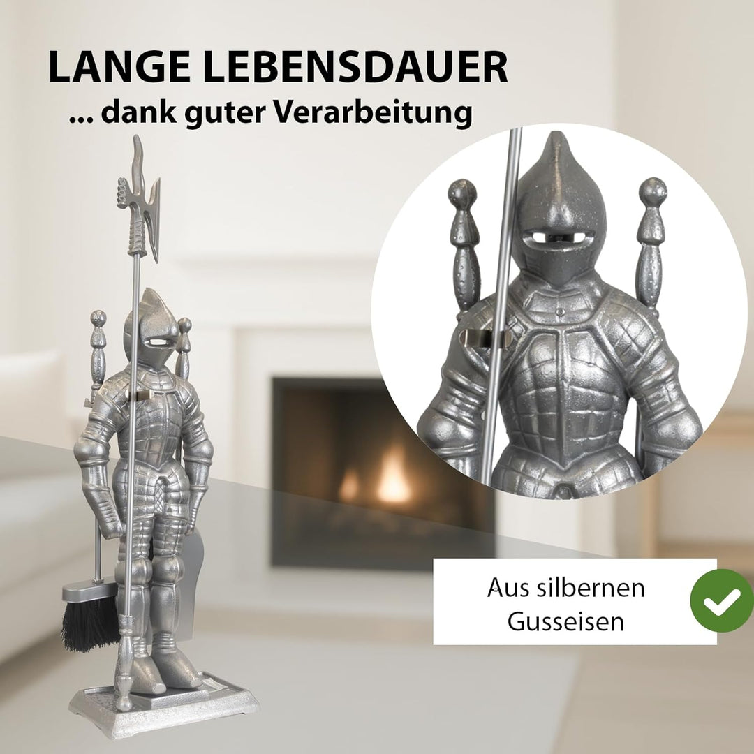 TRUTZHOLM Kamingarnitur Kaminbesteck Ritter Kaminset Ofenbesteck schwarz oder silber 4-tlg Schaufel,
