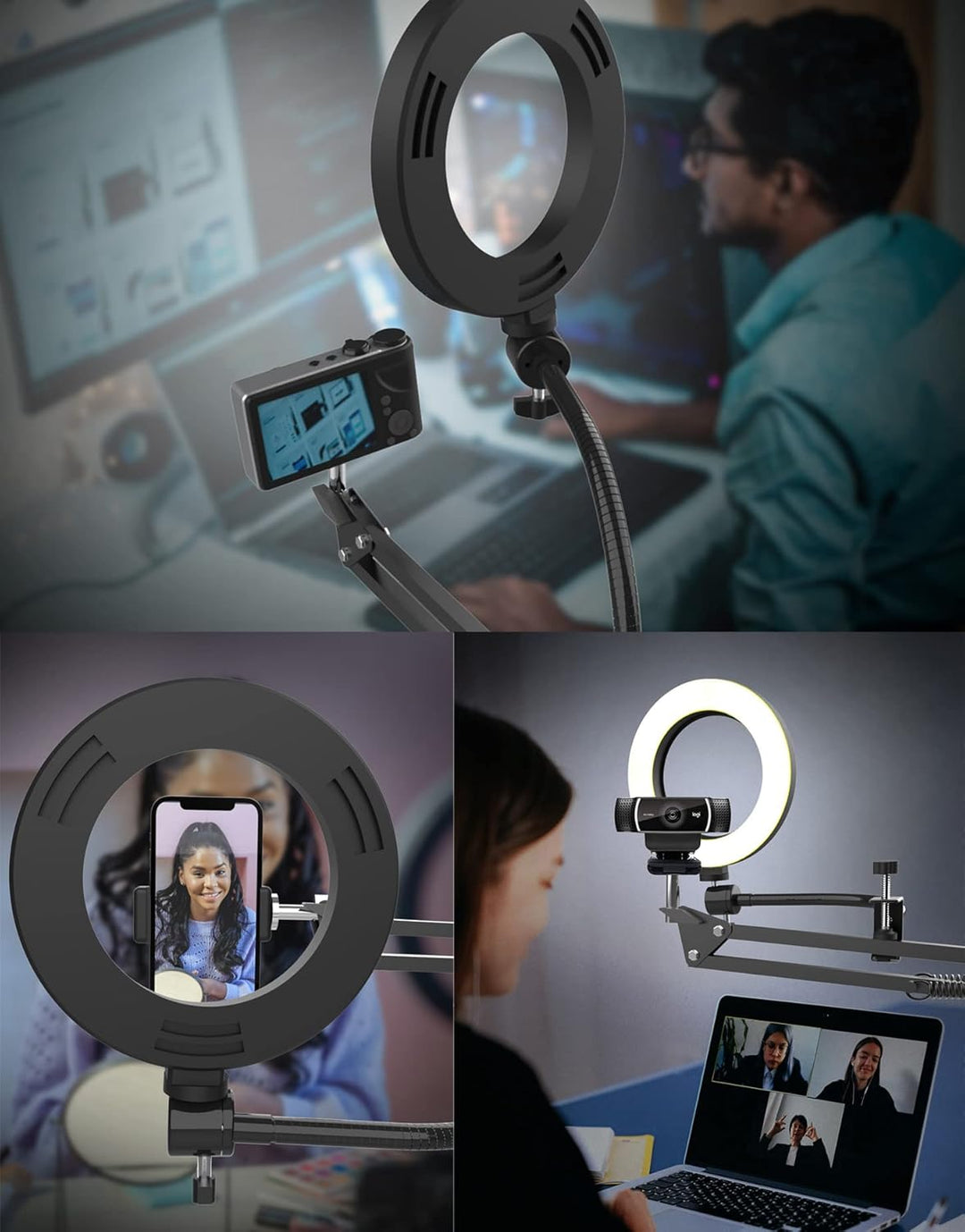 Overhead Stativ Handy mit Ringlicht, Flexibler Tisch Kamera Arm mit Licht, Flexible Tisch Kamera Arm