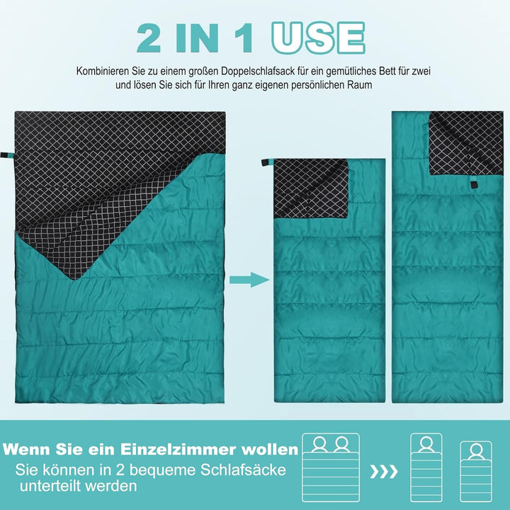 Baumwollflanell-Doppelschlafsack für Camping, Wandern oder Wandern. Queen Size 2 Person wasserdichte