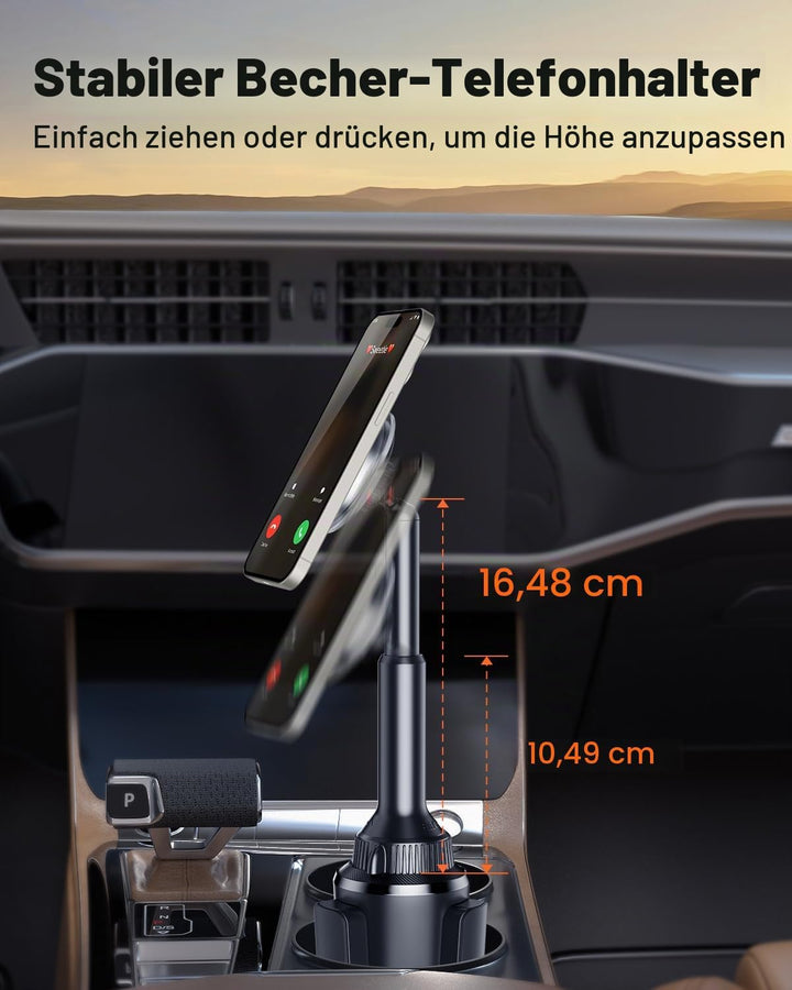 OQTIQ Handyhalterung Auto Getränkehalter – Kompatibel mit Mag-Safe, Lange Auszieharm &amp; 360° Rotation