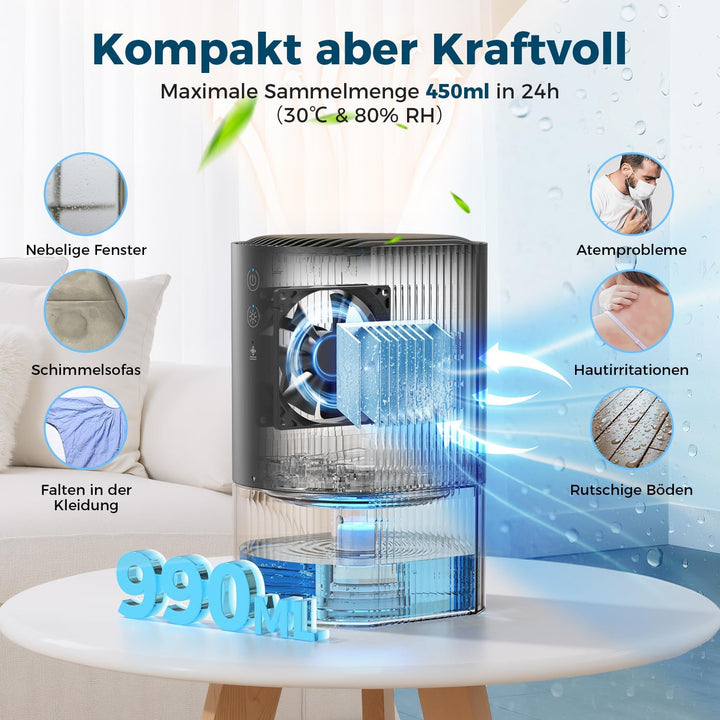 AROEVE Luftentfeuchter 990ml, Kleiner Elektrischer Raumentfeuchter | 7-Farben-Licht, Auto-Abschaltun