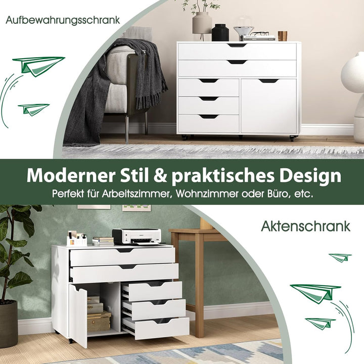 COSTWAY Rollcontainer mit 5 Schubladen Weiss, mobiler Aktenschrank mit Rollen &amp; Tür, Schubladenschra