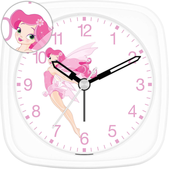 Eurotime Wecker für Mädchen mit Fee turnend, Weiss, Kinderwecker, Kunststoffgehäuse und Kunststoffgl
