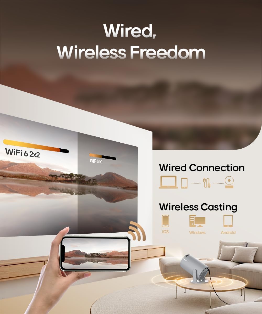 Mini Beamer 4K Unterstützt Android 11, Smart Projector 5G WiFi 6 BT 5.4, Mini Projektor Full HD 1080