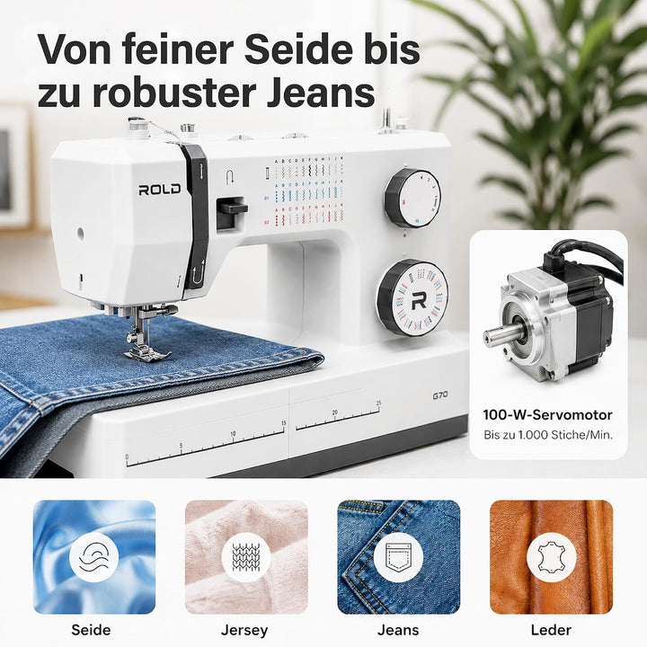 Rold G70 Nähmaschine mit 34 Nähprogramme, Automatisches Knopfloch, 100-Watt-Servomotor, Nadeleinfädl