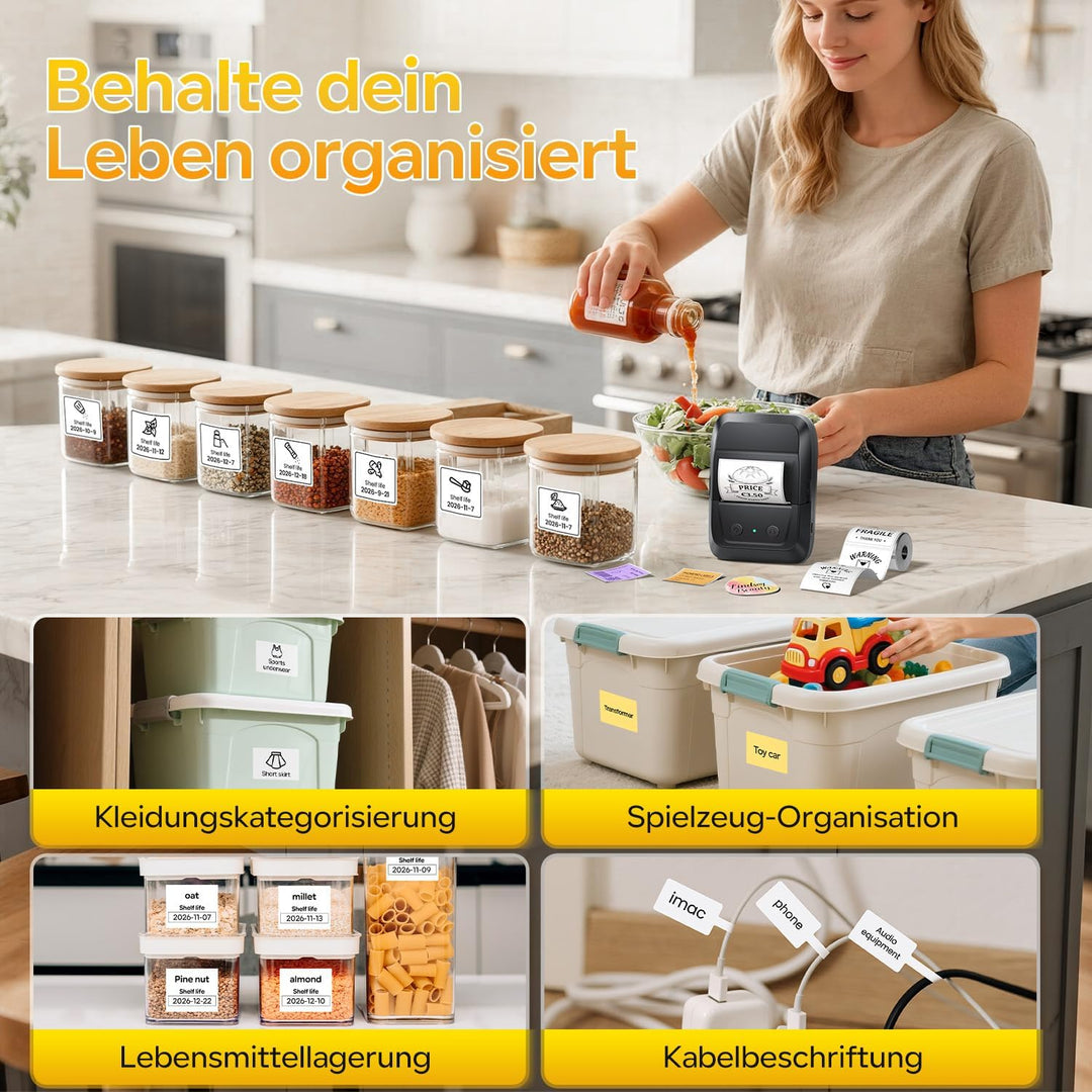 Memoking Etikettendrucker Selbstklebend, Bluetooth Label Printer mit 2000 Symbolen und 300 Vorlagen,