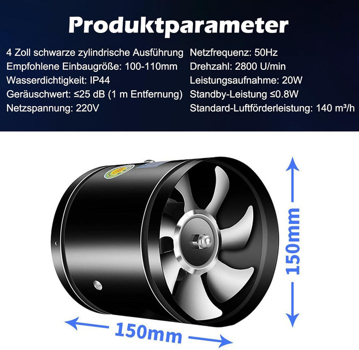 Rohrventilator 150mm, Inline-Rohrventilato, 600m³/H Rohrlüfter, 45dB Abluft für Bad Küche Gewächshau