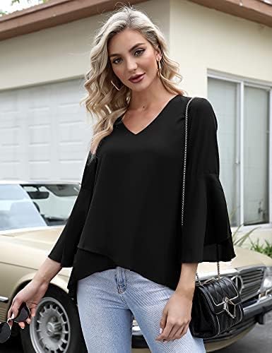 Gyabnw Damen Chiffon Bluse Volantärmeln Tunika 3/4 Arm Elegant Chiffontunika Festlich Chiffon Bluse