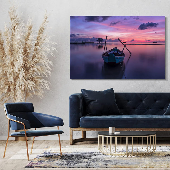Printed Paintings Leinwand (60x40cm): Landschaftsbilder Boot auf See vor lila-rotem Himmel 60x40 cm,