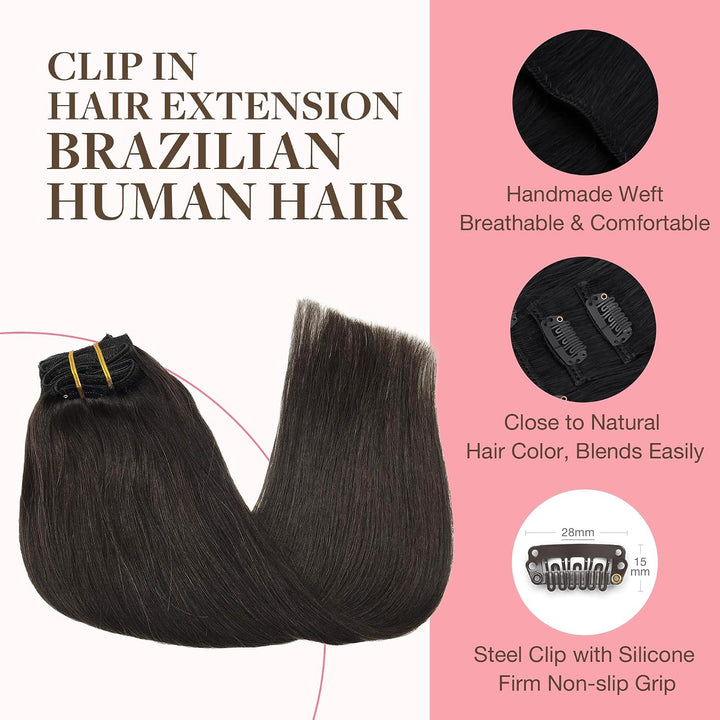 GOO GOO Clip in Extensions Echthaar, Dunkelbraun, 30cm 65g | 7pcs, Remy Echthaar Extensions Clip, Do