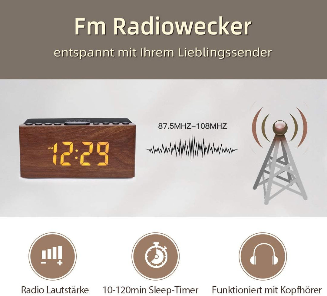 ANJANK Digitaler Radiowecker aus Holz mit Kabelloser Ladestation，10W Fast Wireless Charger for iPhon