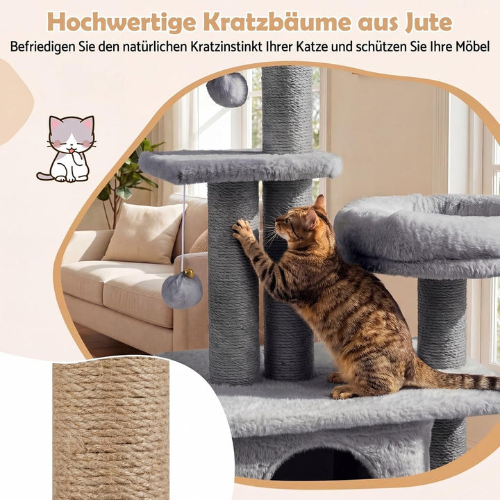 COSTWAY Kratzbaum, 96 cm, Katzenbaum mit Katzenhöhle, Plattform, Bett, grosser Basis &amp; 2 Bällen, Dic