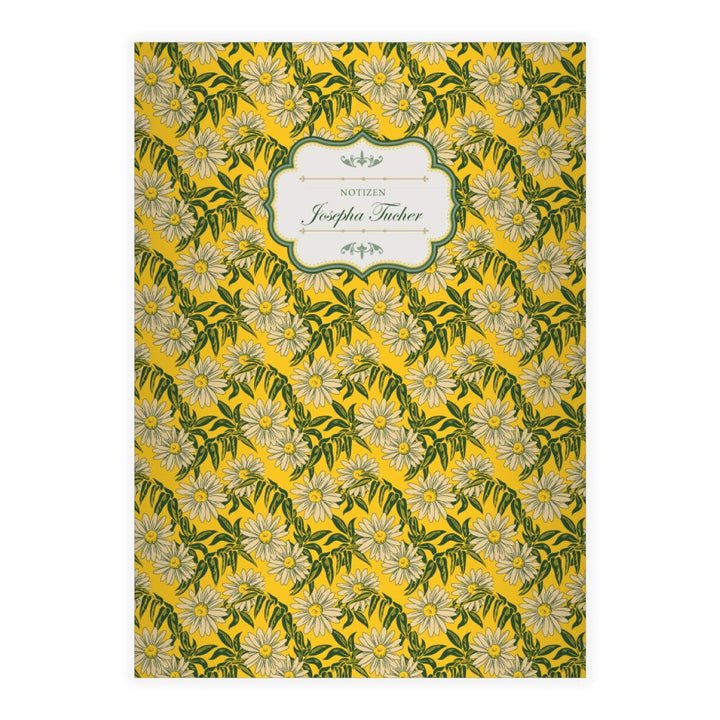 16 personalisierte edle florale Vintage DIN A4 Schulhefte, Schreibhefte mit Margheriten, gelb Lineat