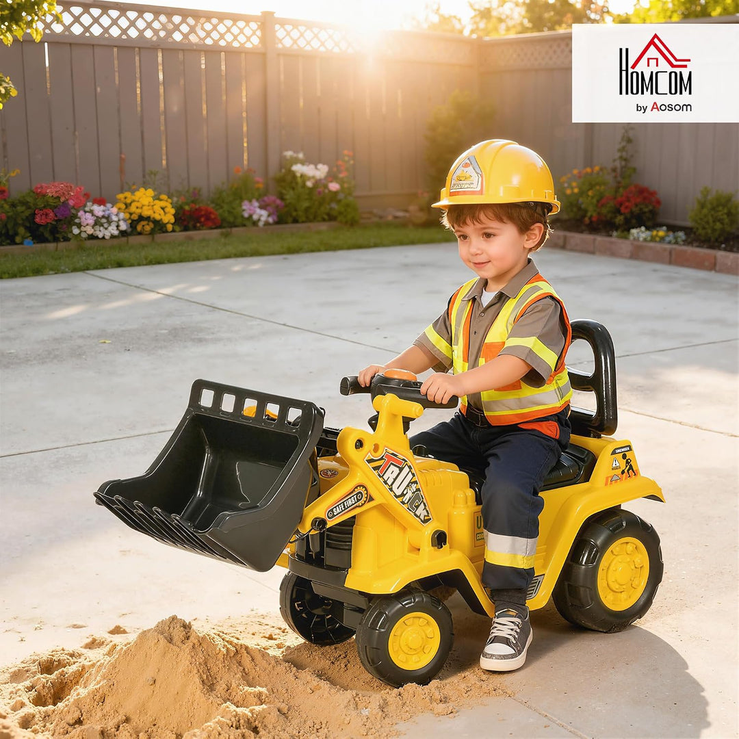 HOMCOM Sitzbagger mit eingebautem Ablagefach Kinder Rutschauto Traktor Kinderbagger mit Hupe Rutsche