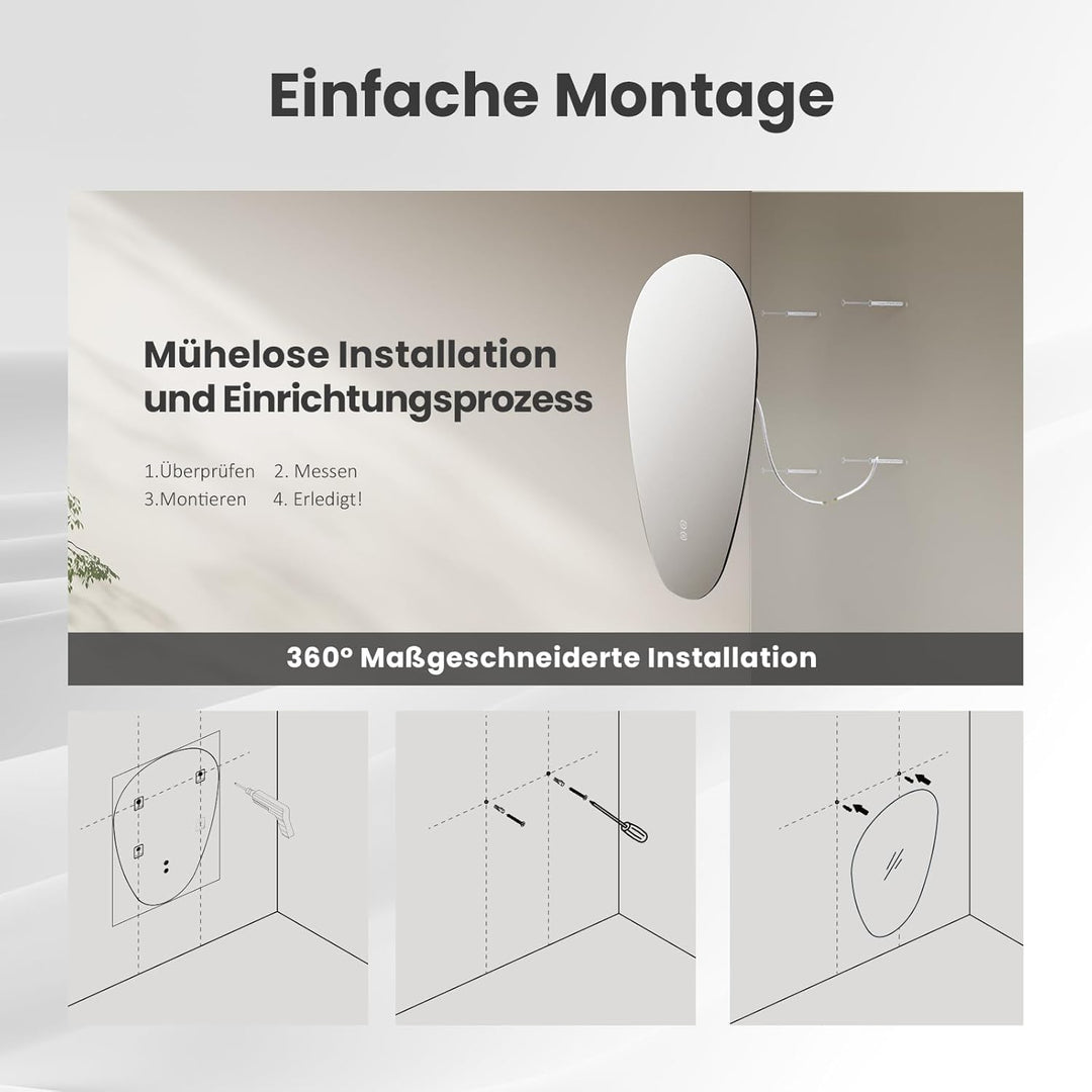EMKE Badspiegel mit Beleuchtung Asymmetrischer LED Spiegel 70 x 50 cm, Touch-Schalter, Dimmbar 3 Lic