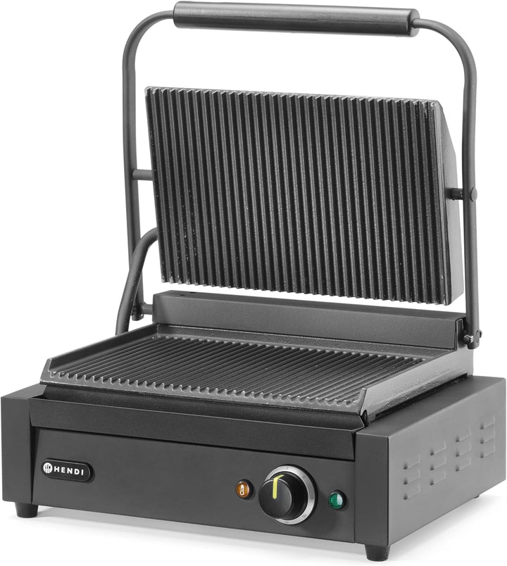HENDI Kontaktgrill, Panini, gerillte Ausführung, inkl. Grillreinigungsbürste, Temperatur bis 300°C r