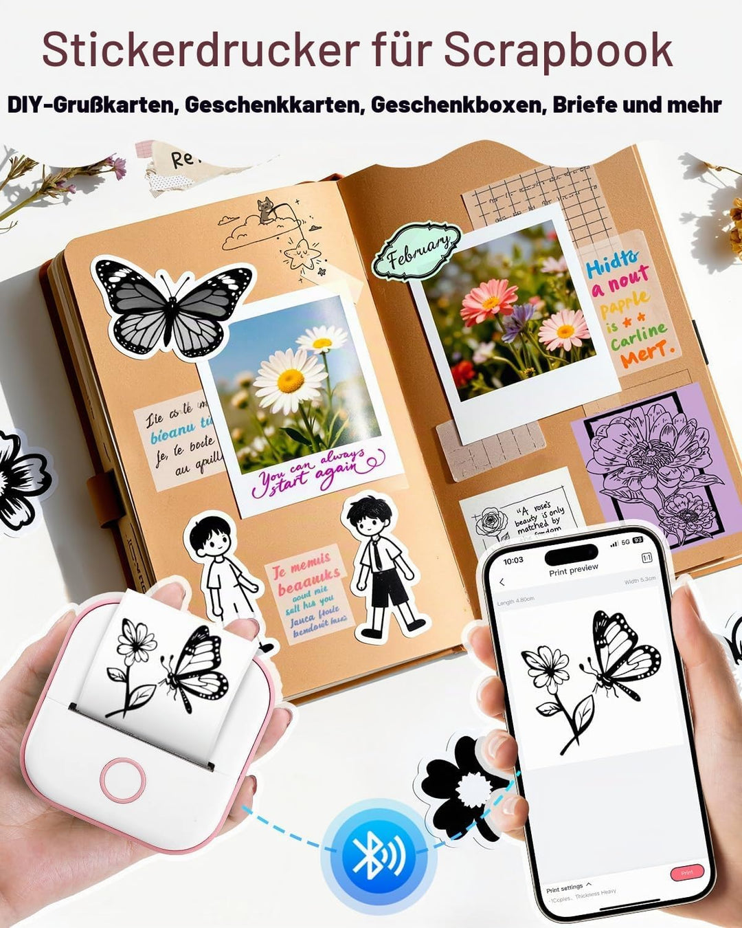 Phomemo Mini Etikettendrucker,T02 Sticker Fotodrucker für Smartphone,Handy Thermodrucker klein mit 3