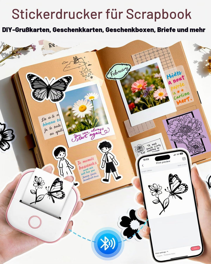 Phomemo Mini Etikettendrucker,T02 Sticker Fotodrucker für Smartphone,Handy Thermodrucker klein mit 3