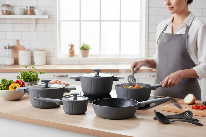 Töpfe und Pfannen Set - Topfset 15-teilig - Marmorbeschichtung - für alle Herdarten inklusive Indukt