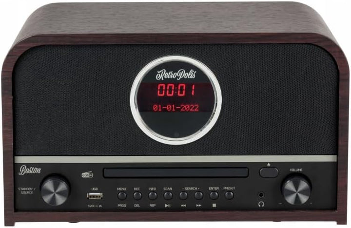 Retropolis Boston Wohnzimmer-Radio – Netzwerk DAB+ DIGITAL AM/FM USB-A Bluetooth CD LED – Vintage De