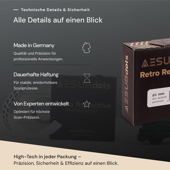 AESUB dots - Referenzpunkt für 3D Scannen, diffuse &amp; retro reflektierende Reflexionsmarker (3 mm, Re