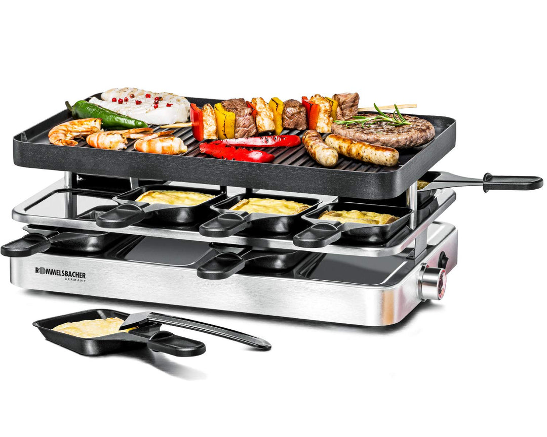 ROMMELSBACHER Raclette Grill RC 1400 - Wendeplatte zum Grillen &amp; für Crepes, 8 Pfännchen, Antihaftbe