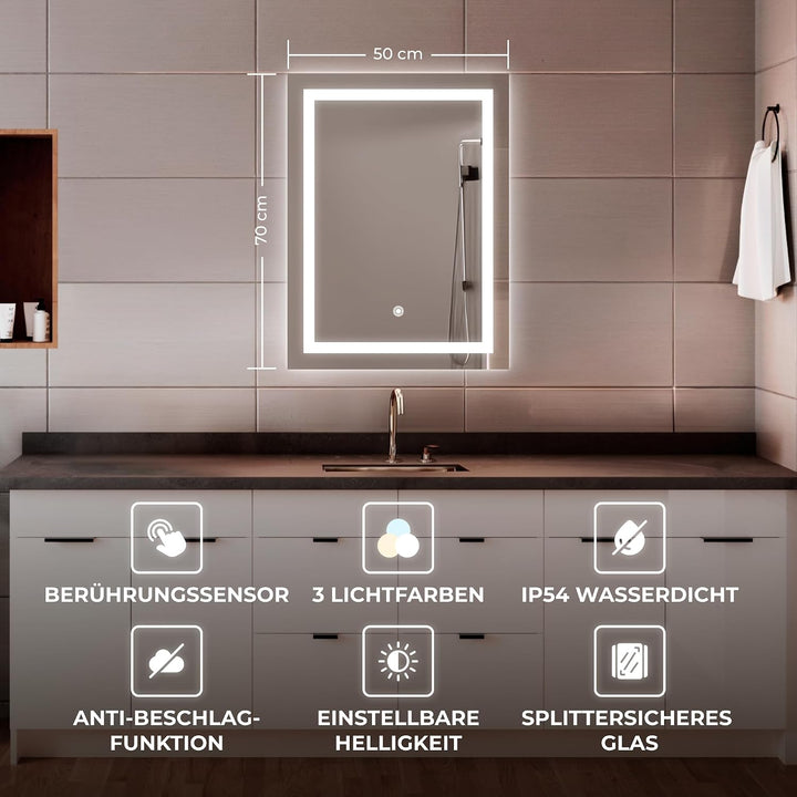 BR Bringer LED Badspiegel - 50x70 cm - Badezimmerspiegel mit Beleuchtung und Anti-Beschlag Funktion