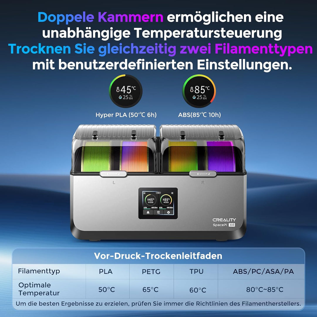 Creality Space Pi X4 Filamenttrockner, 4 Spulen 3D-Drucker-Filamenttrocknerbox mit doppelter PTC-Hei