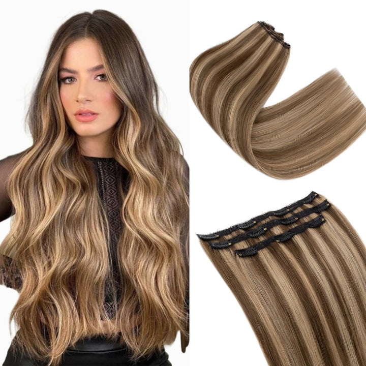 S-noilite Clip in Extensions Echthaar Schokoladenbraun/Dunkelblond 25cm 56g Extensions Clip in Echth