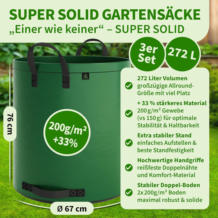 TTL Garden 3x 272L SUPER SOLID Gartensack grün - DOPPELTER BODEN 2x200 gsm extra stabil &amp; reissfest