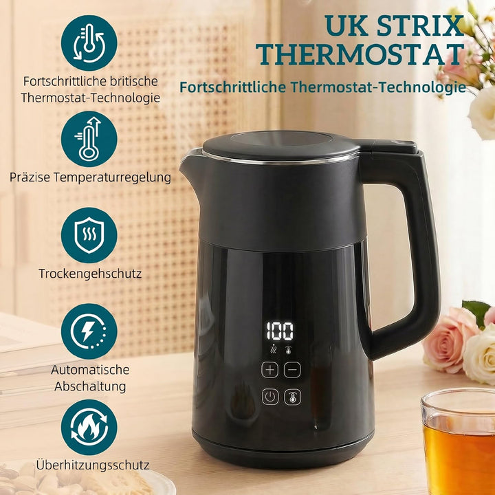 HOMCOM Elektrischer Wasserkocher, 1,7L, Schnellkochend, 2200W, mit LED-Display, Warmhaltefunktion, 4