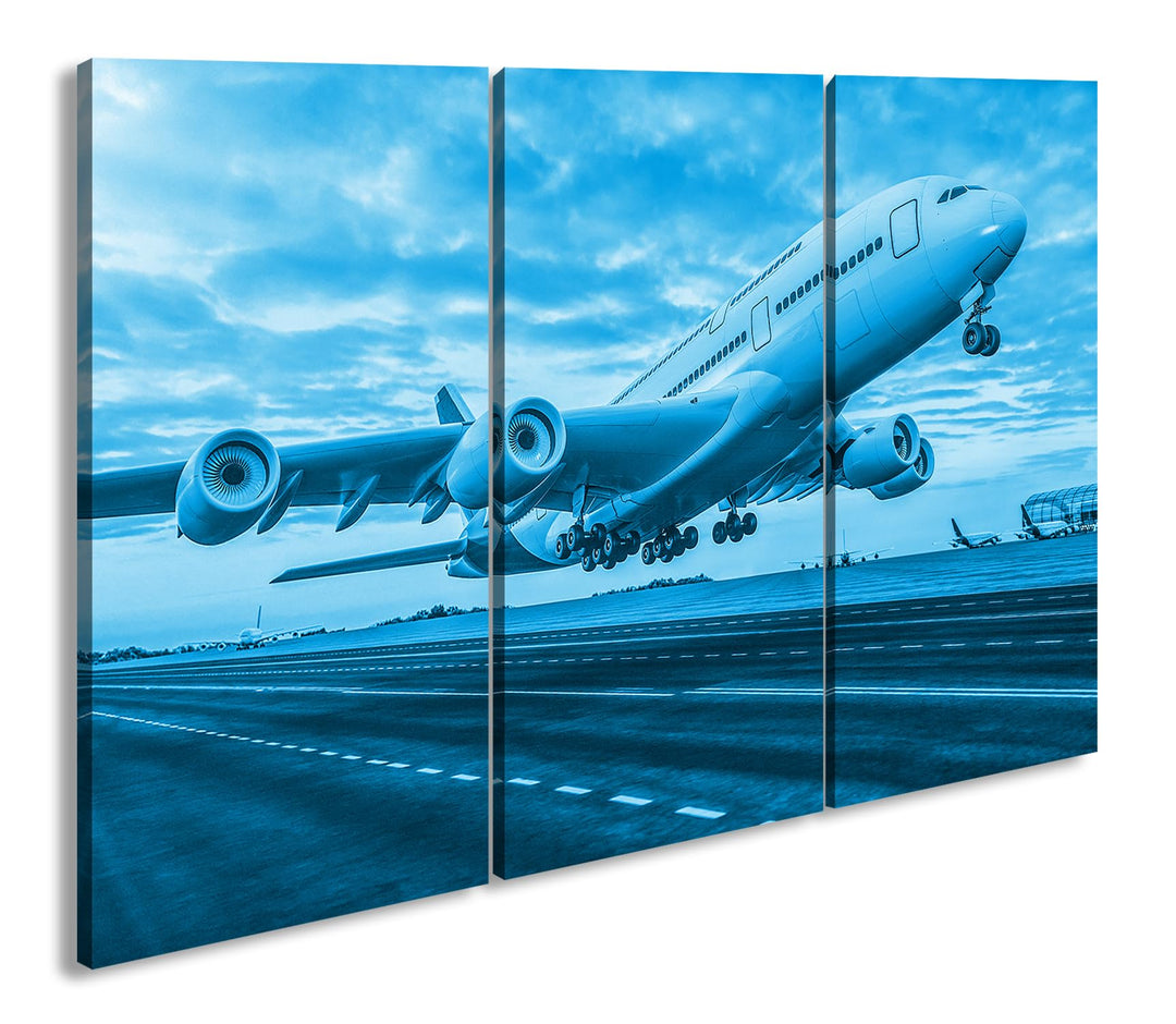 deyoli Flugzeug bei Sonnenuntergang Format: 120x80 cm (3Teilig) Effekt: Monocrome Blau als Leinwandb