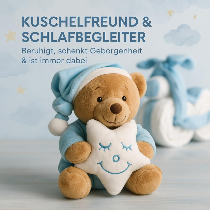 Windeltorte Junge in Blau mit Kuscheltier, Baby Geschenk zur Geburt | handgefertigt, mit Windeln &amp; G