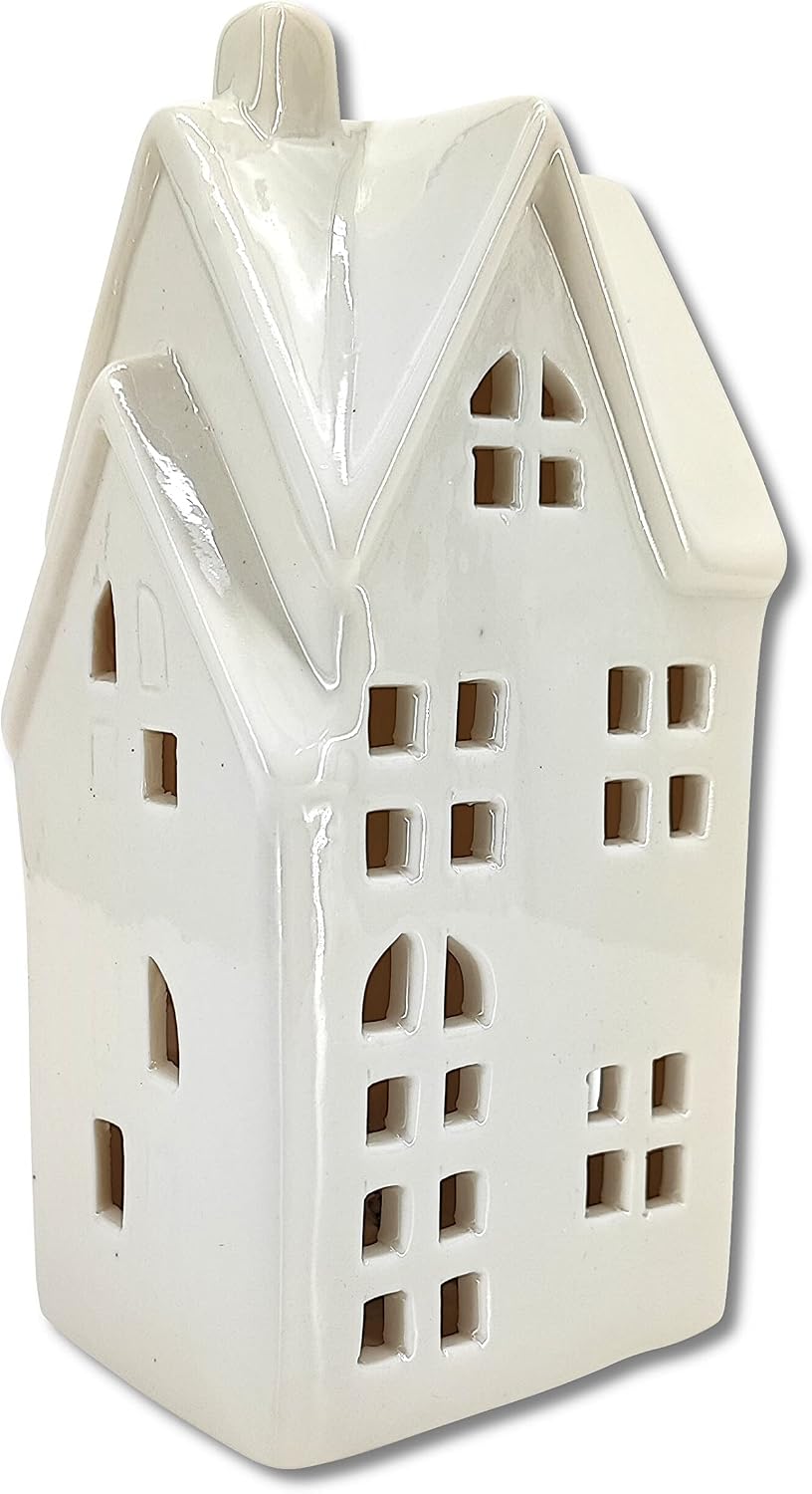 Keramik LED Haus - Lichthaus weiss glänzend 2er Set