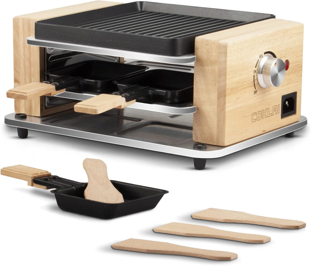 COKLAI Raclette Grill 4 Personen mit antihaftbeschichteter Gestreifte Grillplatte, mini Grill Raclet