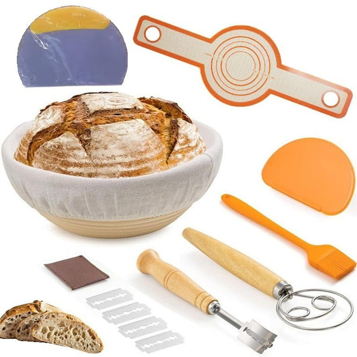 Gärkörbchen Sauerteig Brotbacken Set, Brotgärkorb -Set, Rundes Gärkörbchen, inkl. Teigschaber, Schne