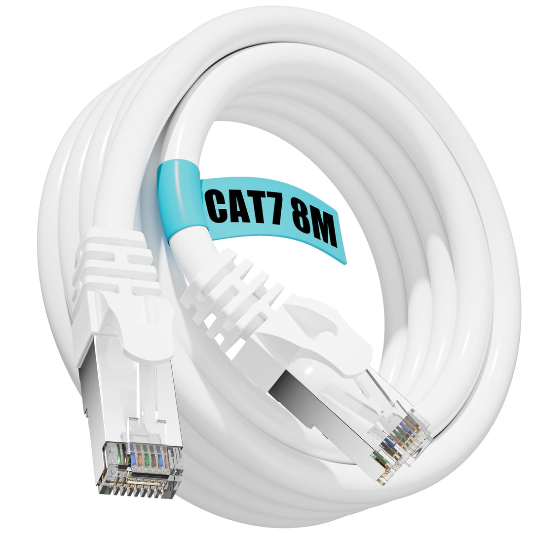 Soibke Lan Kabel 8 meter, Cat 7 Netzwerkkabel 8m Weiss, Ethernet Kabel High Speed 10Gbps 600Mhz, Wla