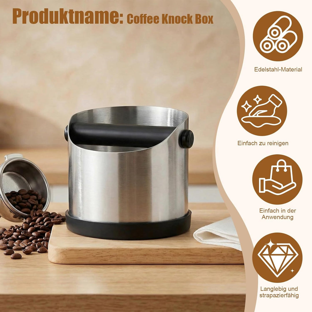 Abklopfbehälter für Siebträger, 700 ml Edelstahl Espresso Kaffee Knock Box, Rutschfester Basis, Abkl