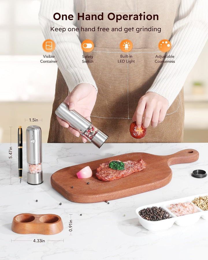 Sangcon Mini Elektrisches Salz- und Pfeffermühlen-Set mit Holzsockel, Tragbare USB Aufladbare Kinder