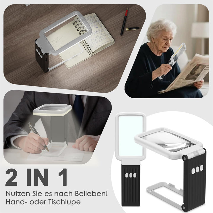 10X Lupe mit Licht und Ständer, Echtglaslinse Leselupe, Wiederaufladbare, Faltbare Grosse Handlupe,