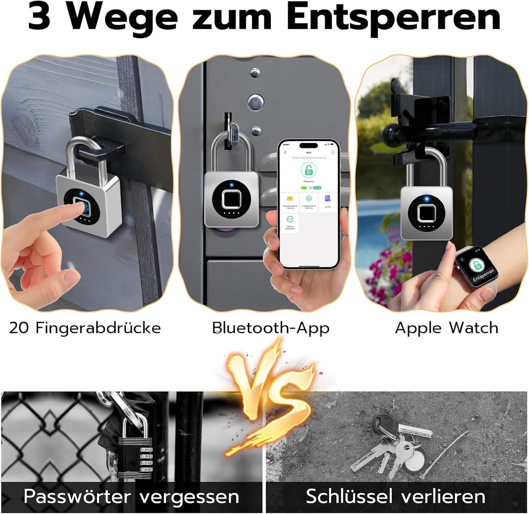 Smart Fingerabdruck Vorhängeschloss für Spinde, mit Bluetooth-App, IP65 wasserdicht, schlüsselloses