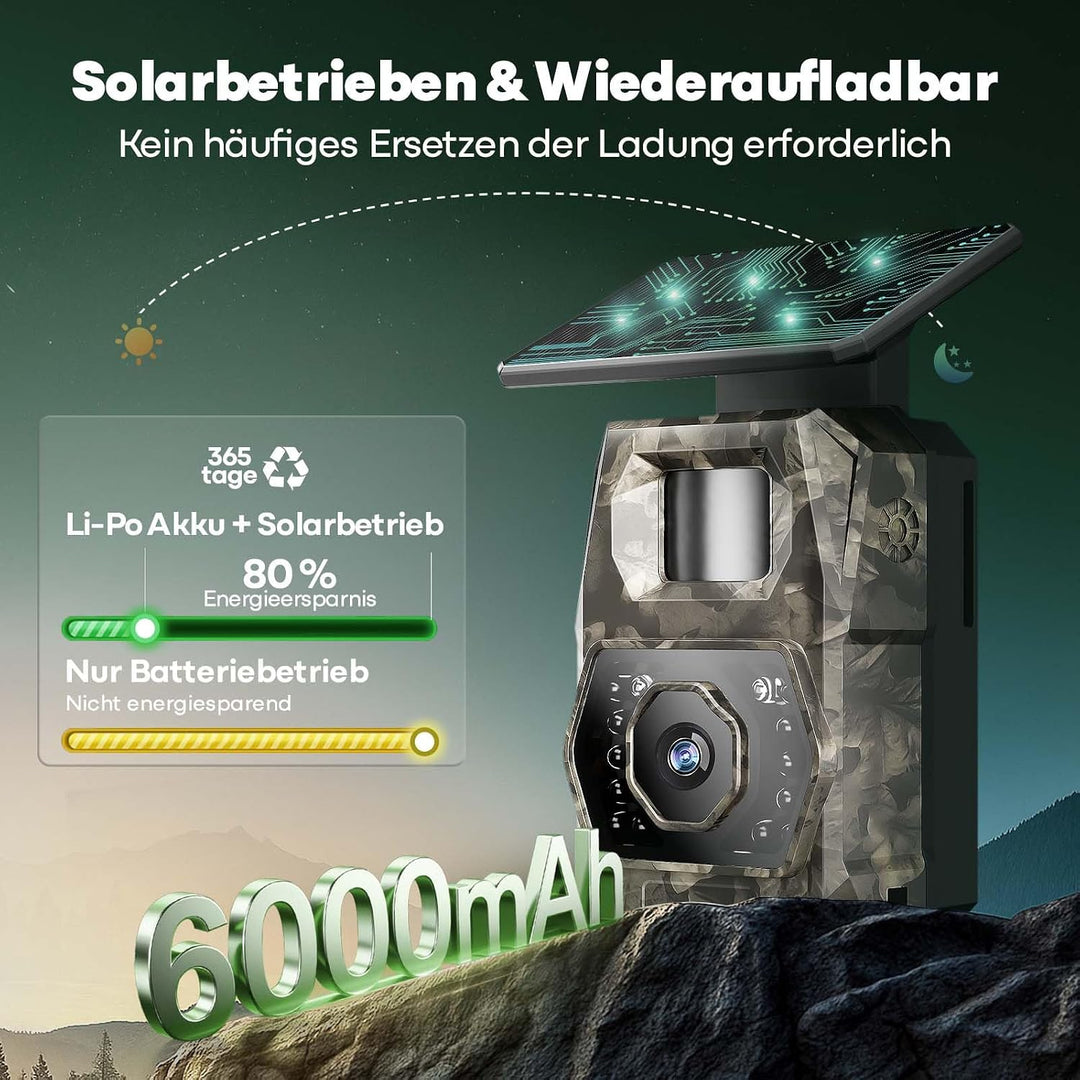 MAXDONE Wildkamera mit Handyübertragung App - Wildtierkamera 4K 64MP WLAN Solar Wildkamera mit 6000m