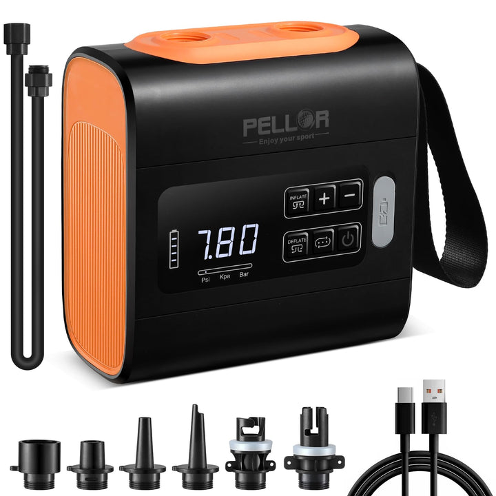 PELLOR Elektrische SUP Pumpe, 22 PSI Tragbare SUP Luftpumpe mit Akku, zweistufiges Aufblasen und Ent