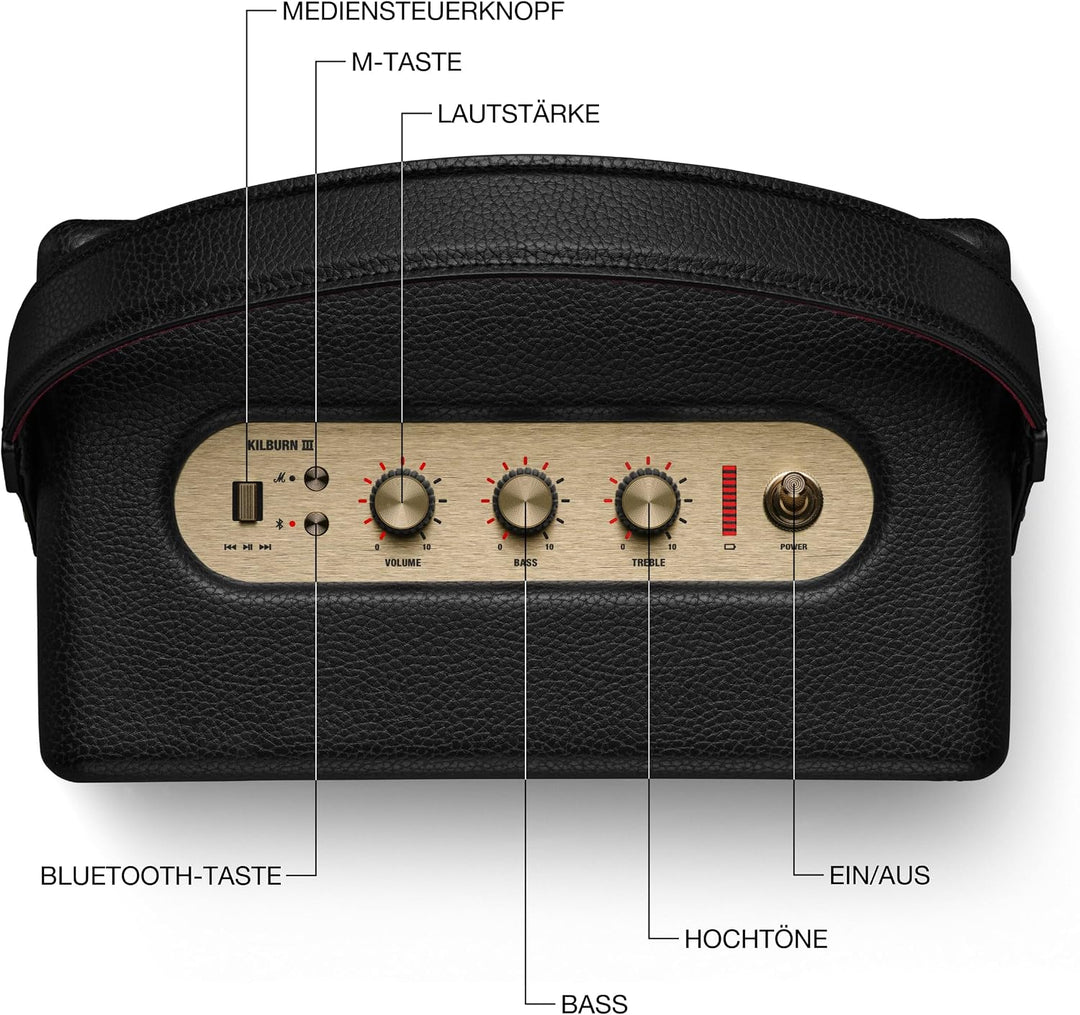 Marshall Kilburn III Tragbarer Bluetooth Lautsprecher mit über 50 Stunden Spieldauer - Schwarz und
