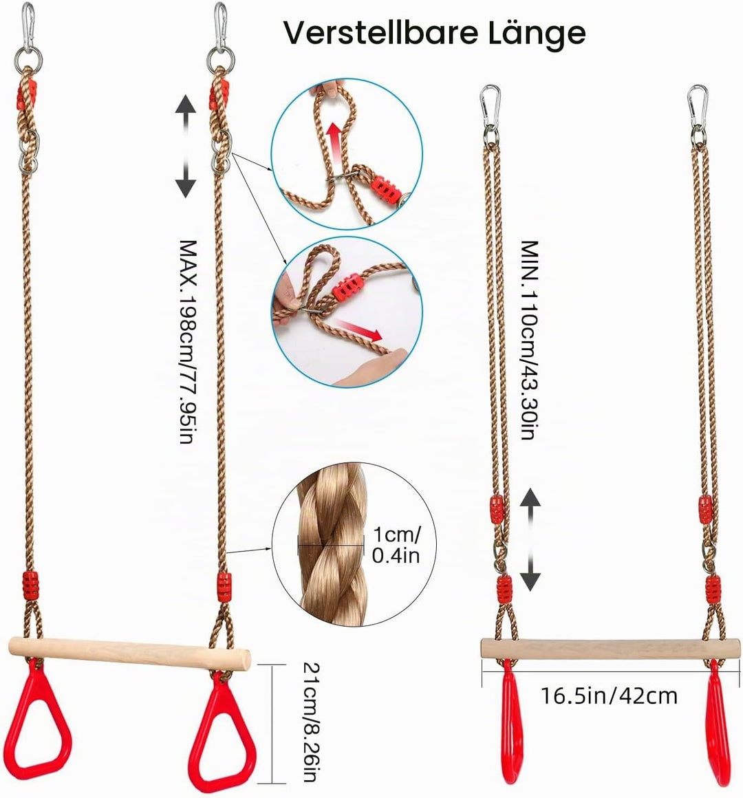 PELLOR Multifunktions Kinderholz Trapeze Schaukel mit Kunststoff Turnringe zum Aufhängen belastbar b